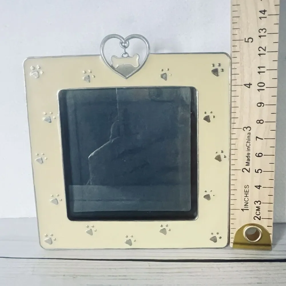Square 4.75” Metal Picture Frame Dog Paws And Hanging Bone Glass Insert 3.75”